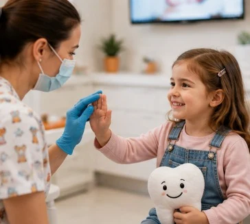 Diş hekimi küçük bir hastayla el sallıyor